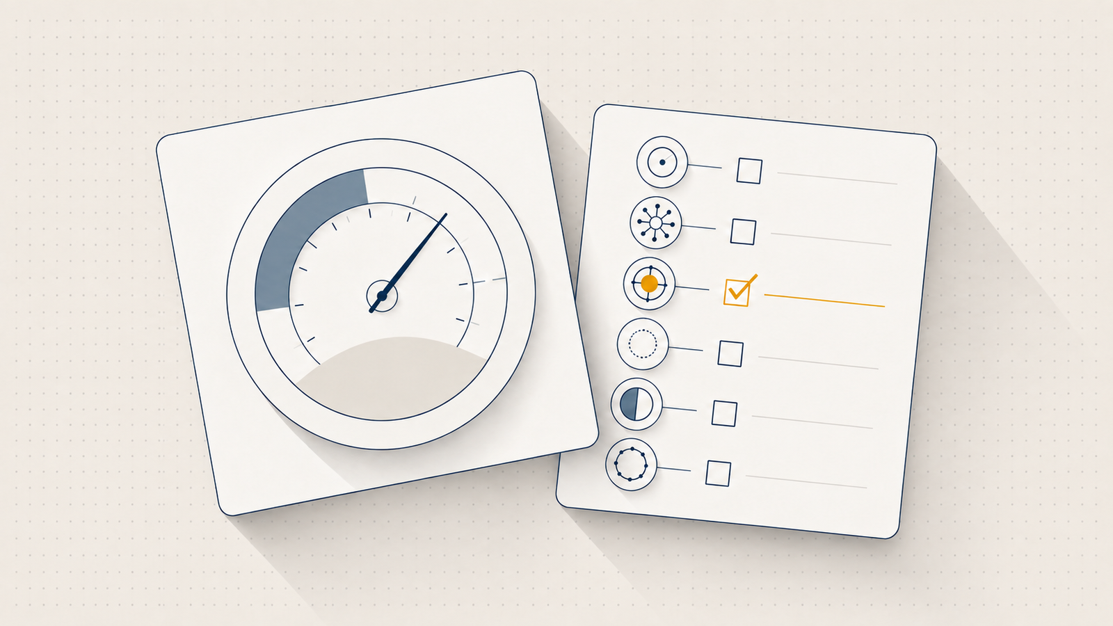 A flat illustration of a single dial emblem beside a checklist with one marked exception.