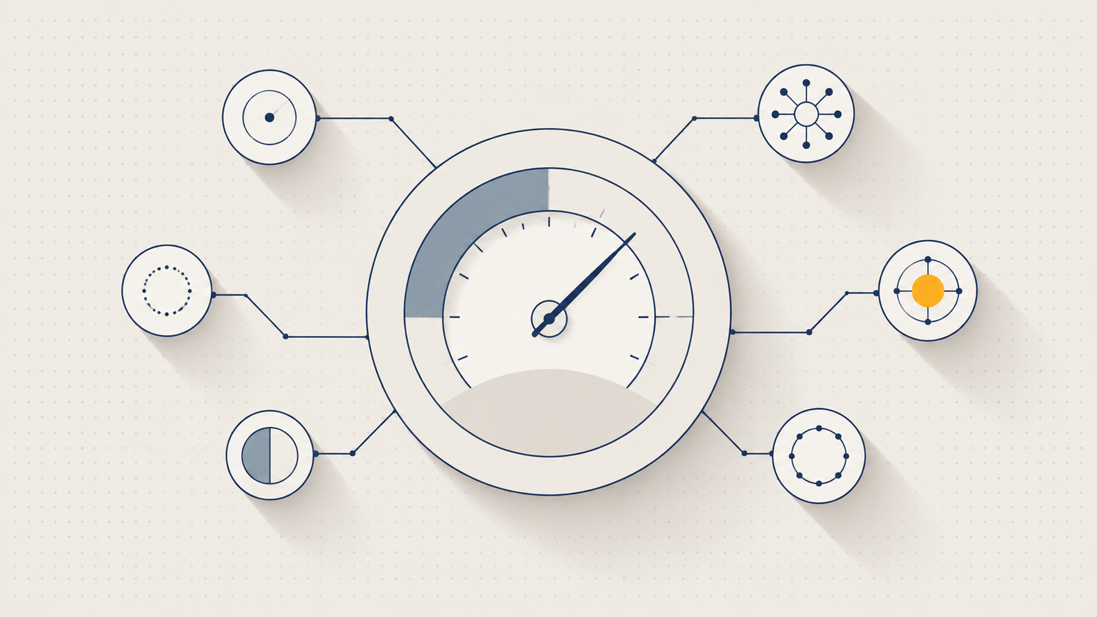 A flat illustration of a large gauge emblem surrounded by small satellite nodes.