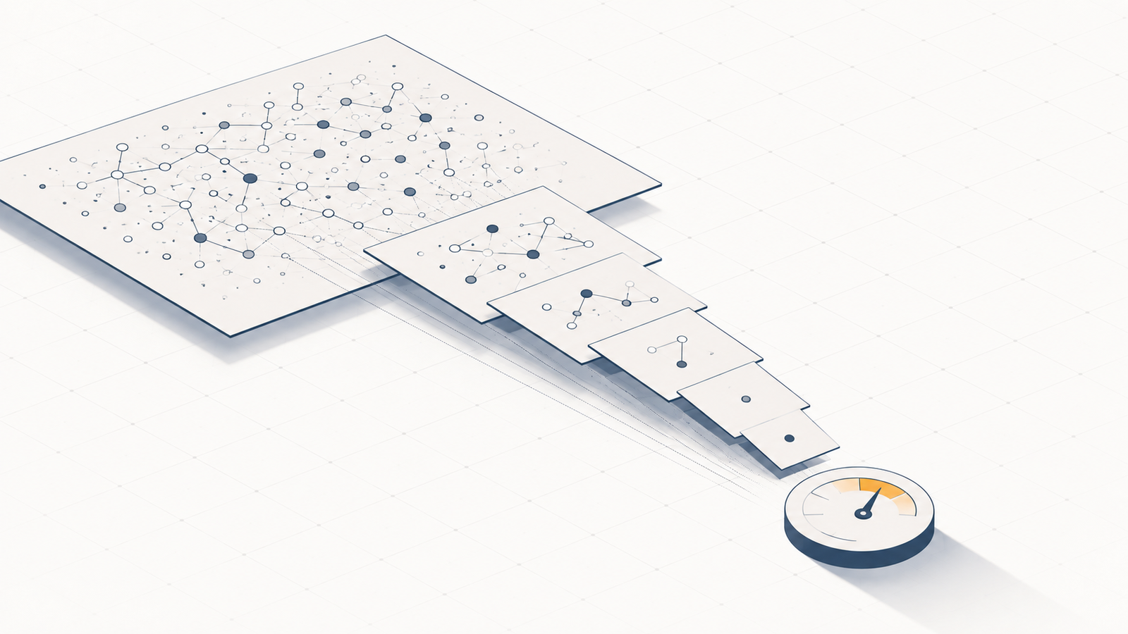 A flat illustration of layered sheets showing link data being compressed into a single dial emblem.