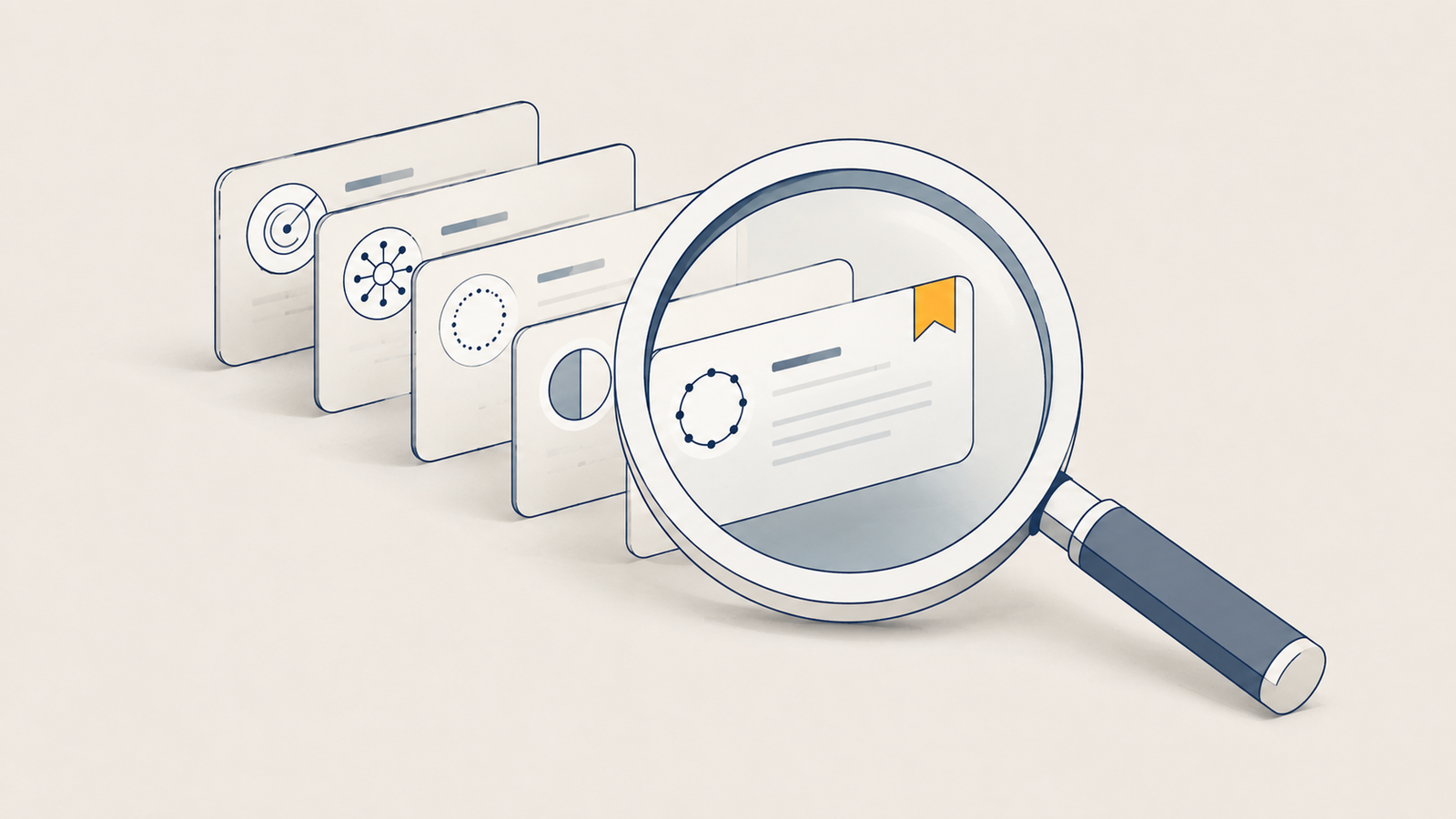 A flat illustration of a magnifier over a list of small domain cards with one amber marker.