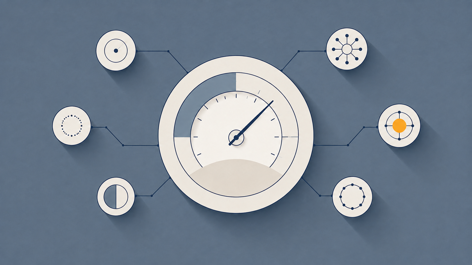A flat illustration of a central dial emblem ringed by smaller competing nodes.