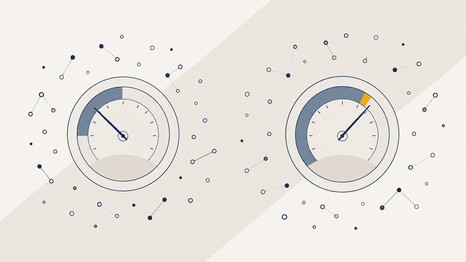 A flat illustration of two differing dial emblems side by side over separate scattered node fields.