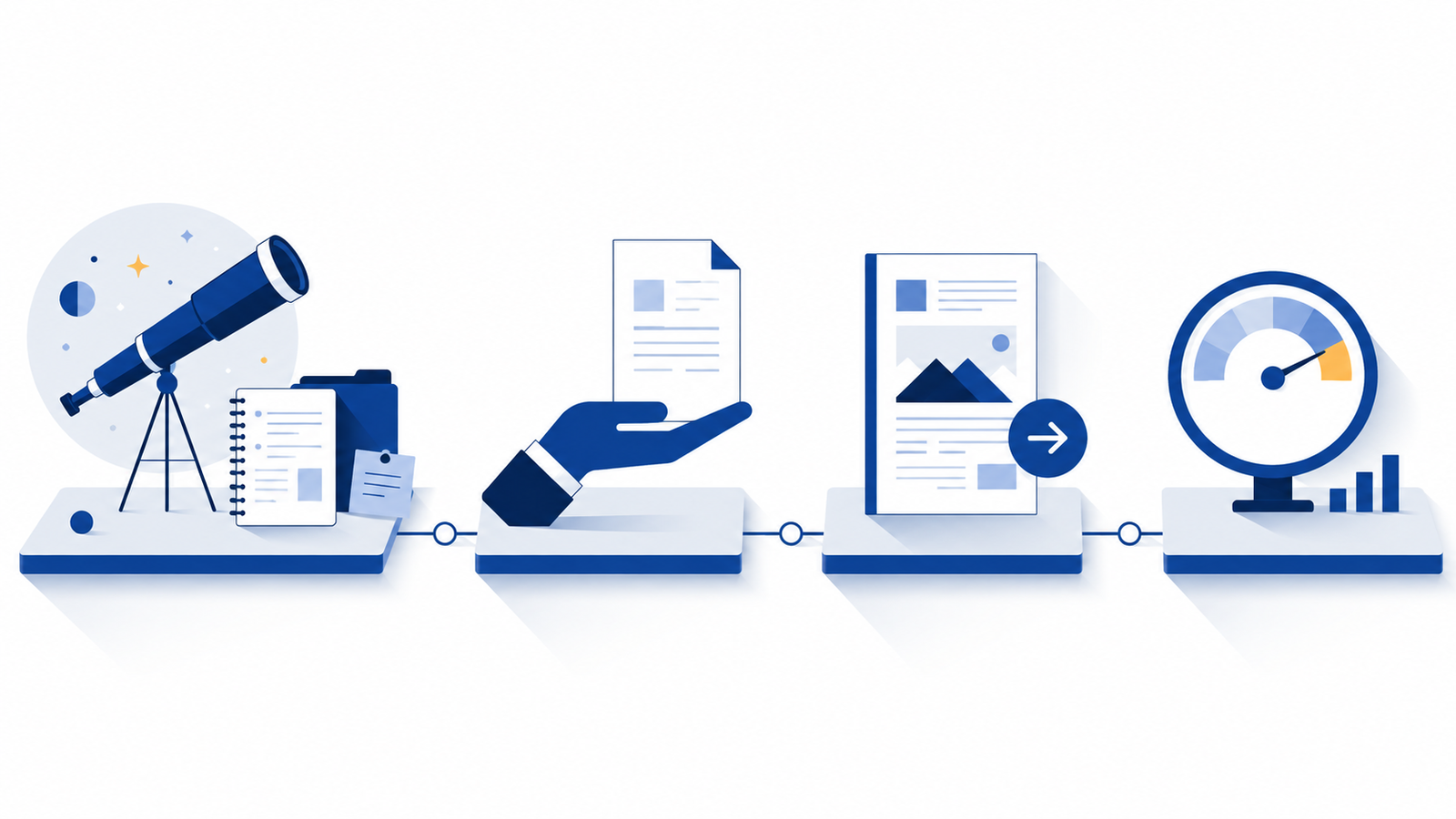 A flat illustration of a four-step chain from research notes to a published link being counted.