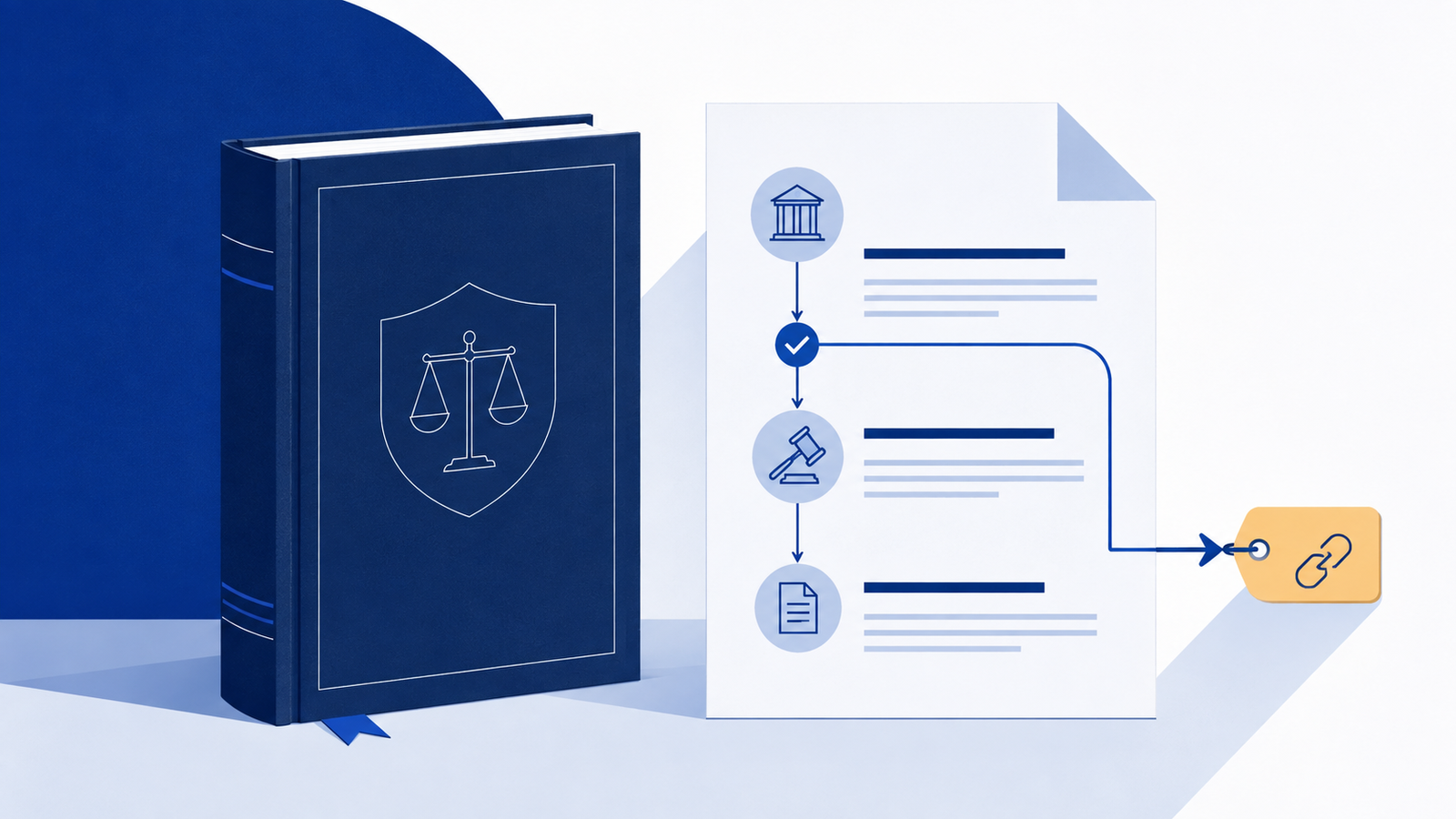 A flat illustration of a rulebook beside a link with a qualification tag attached.