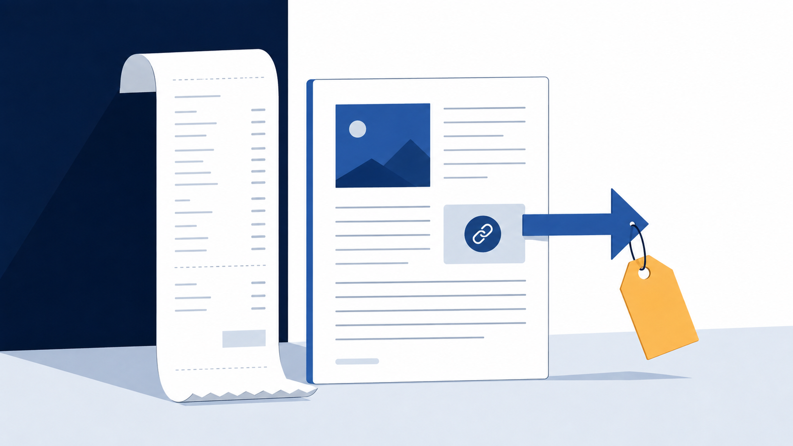 A flat illustration of a receipt beside a published link with a price tag attached.